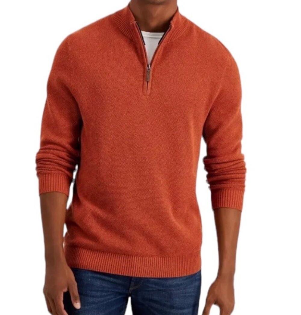 Club Room Men’s Birdseye Quarter Zip PulloverSweater Rust Orange Navy Blue L NWT